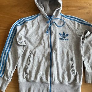 Vintage Adidas Hoodie in Gray with Blue Stripes
